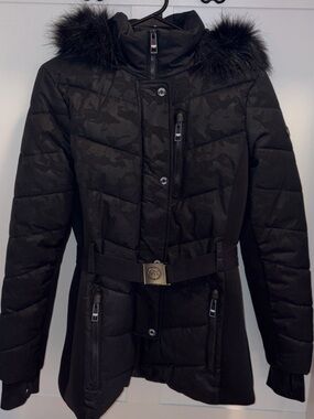 Michael Kors Women's Sz S Black Quilted Puffer Coat Button & Zip detachable hood